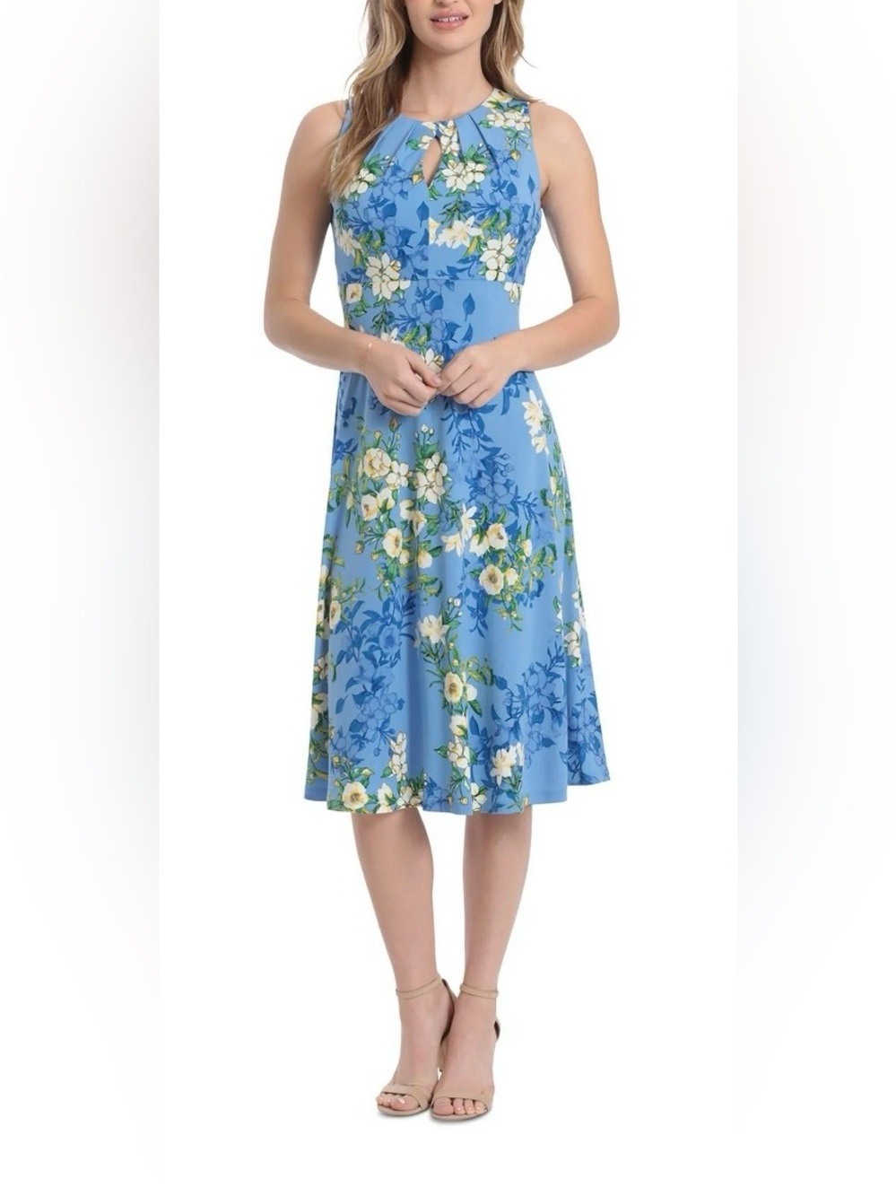 LONDON TIMES Womens Blue Pleated Zippered Keyhole Floral Sleeveless Dress (0181)